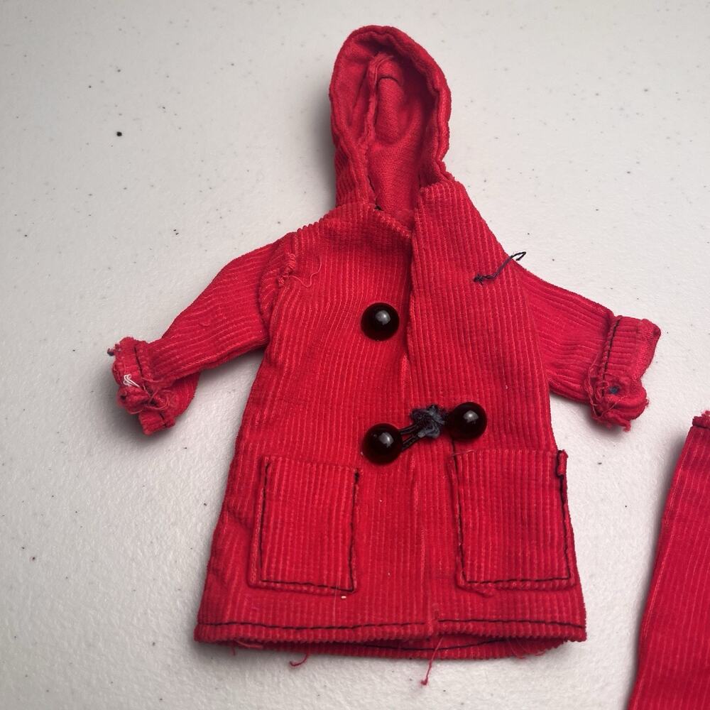 Vintage Barbie Red Corduroy Hooded Winter Coat & Pants Outfit Set MISSING Button - Picture 4 of 9